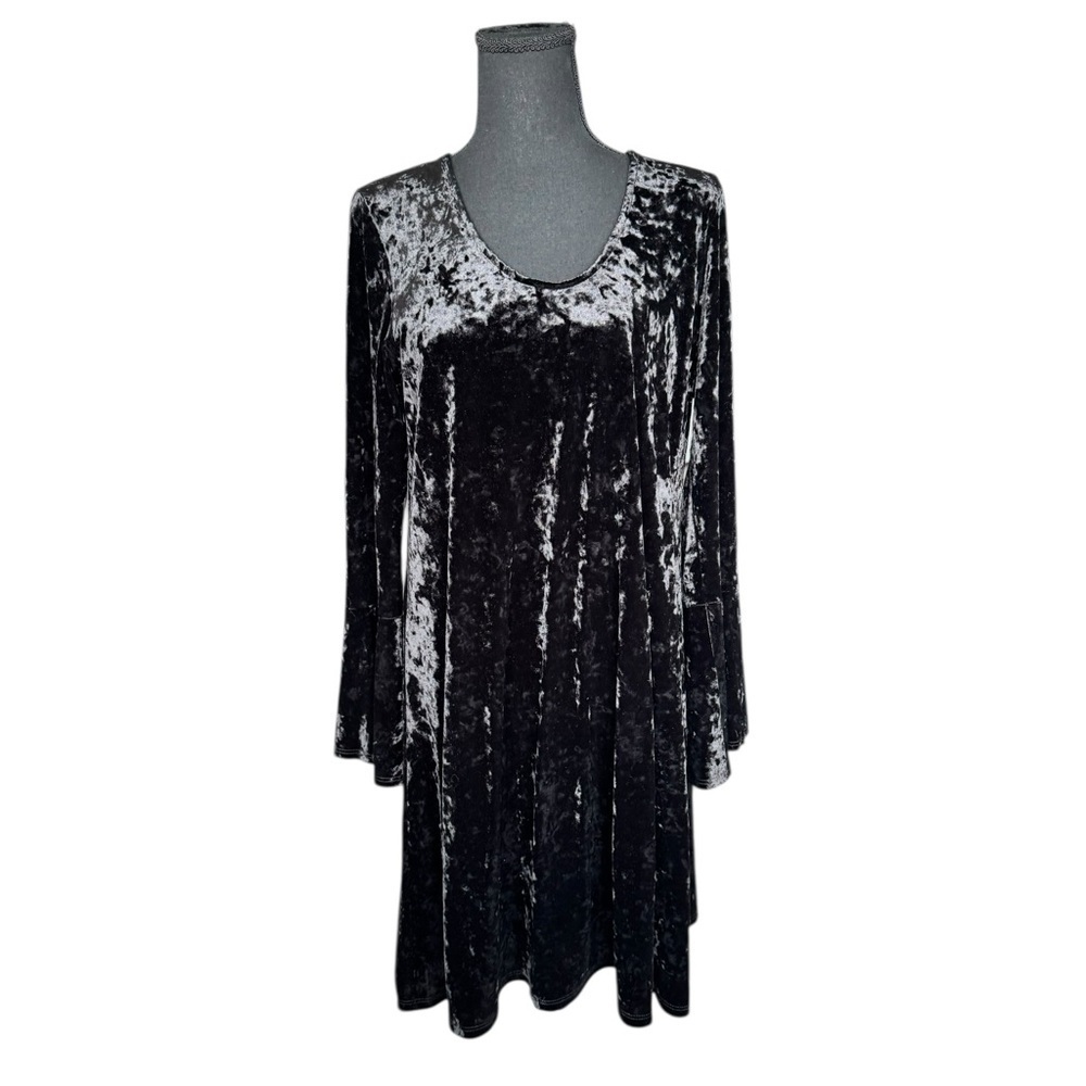Karen Kane Black Crushed Velvet Dress L Boho Gothic Bell Sleeve Swing Tunic USA